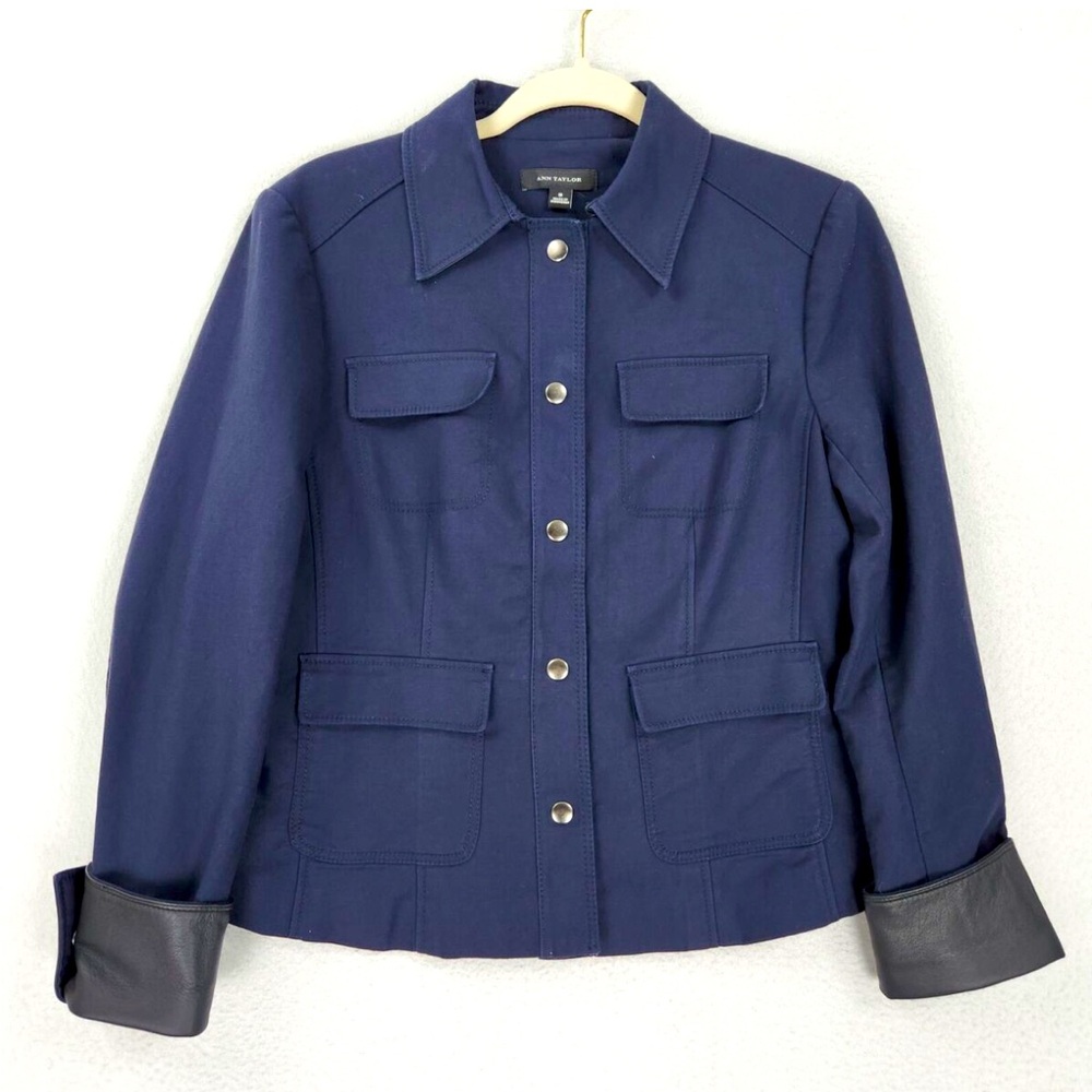Ann Taylor Jacket Navy Blue With Black Faux Leather Flip Cuff